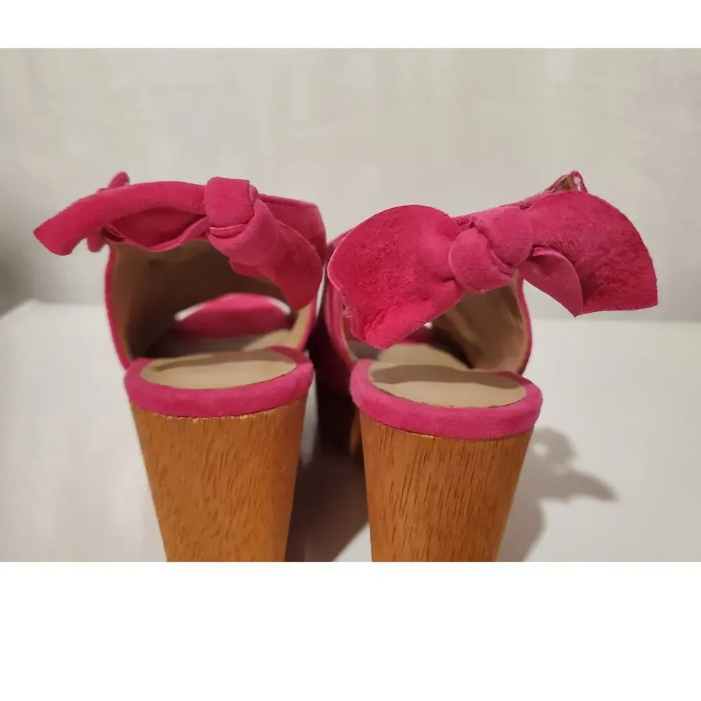 Anthropologie Bow Back Suede Leather Wood Wedge Sandal Size 6M Hot Pink Open Toe